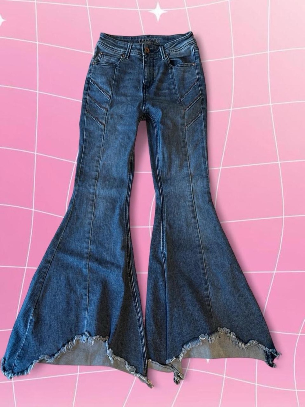 Grace in LA dark wash blue jeans with flare leg and embroidery details
